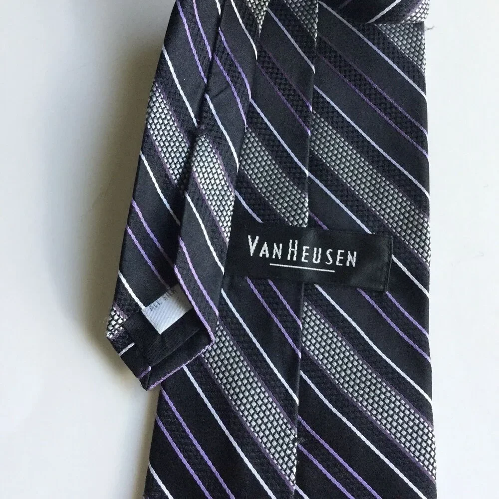 Van Heusen Mens Necktie Tie Navy Pruple White 100% Silk